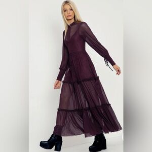 Blackmilk Plum Lace & Sheer Tiered Maxi Dress Sz S Like New